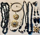 vtg GOTH LOT of BLACK & GOLD tone mixed JEWELRY hematite bakelite rhinestones