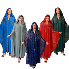 African Women Evening Mesh Maxi Dress Dashiki Kaftan Moroccan Beaded Hooded Gown