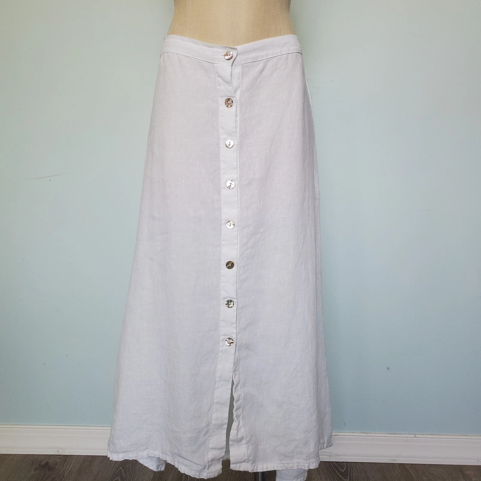 Bryn Walker Xs Maxi Skirt 100% Linen White Buttons Hi-Lo Hem Beach Coastal Boho