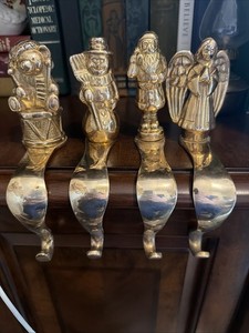 Vintage Christmas Brass Stocking Holders - 4, Santa, Bear, Snowman, Angel 