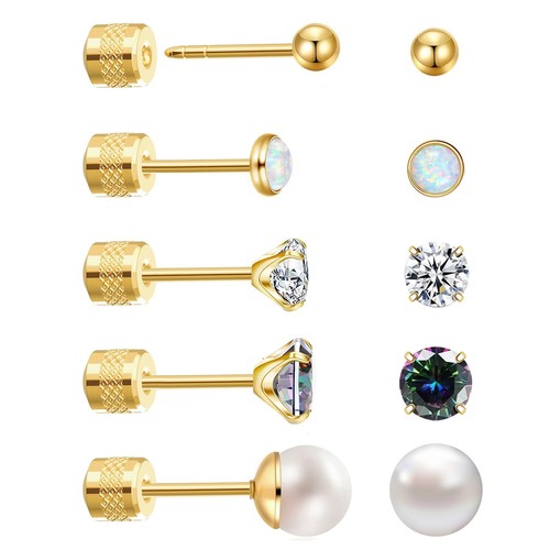 Titanium Stud Earrings 5 Pairs Threadless Hypoallergenic Cubic Zirconia Earring