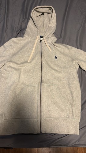 Polo Ralph Lauren Gray Full Zip Fleece Hoodie, Logo Pockets, Cotton Blend, M