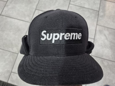 SUPREME x New Era Ear Flap Logo Fitted Hat Cap Black 7 3/8