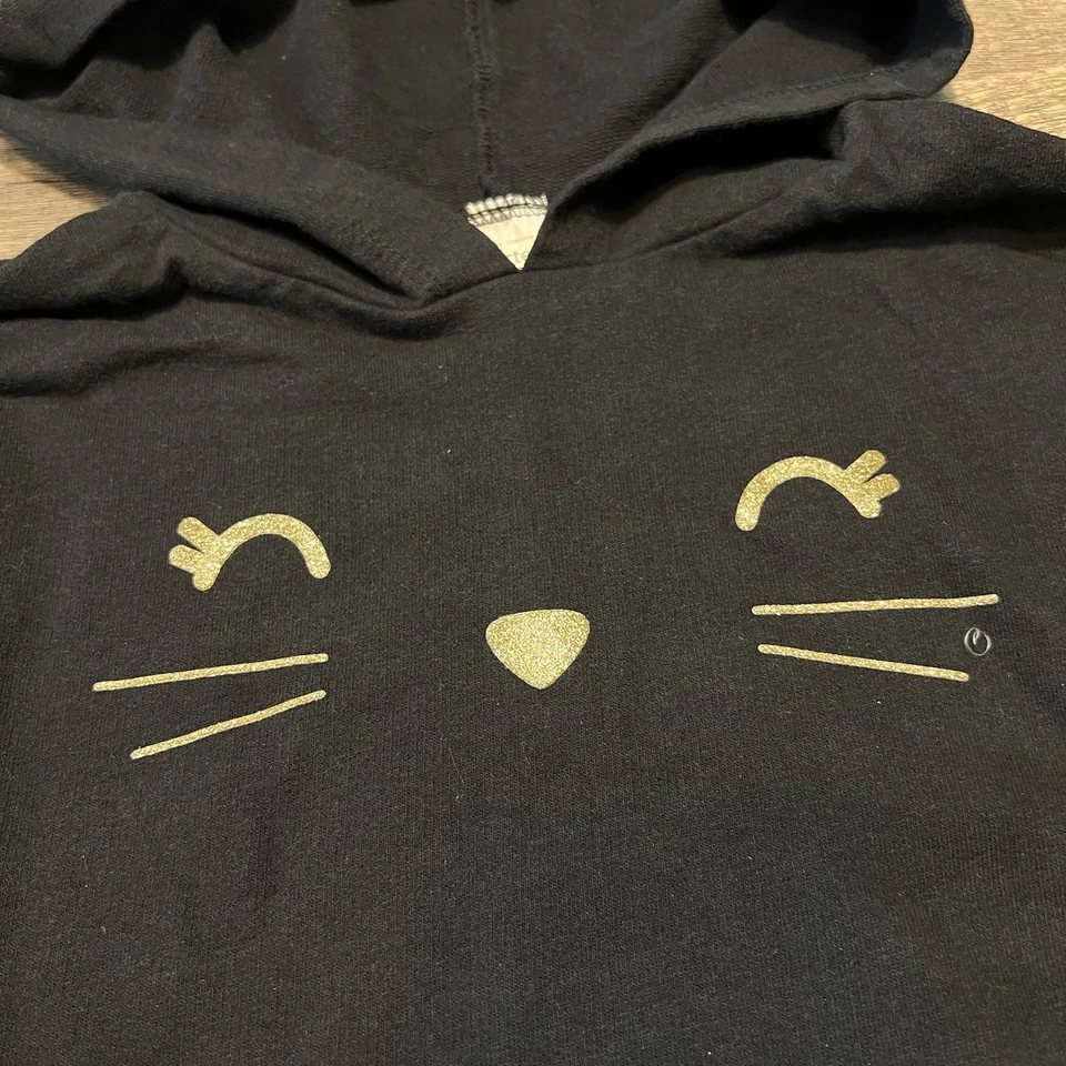 女孩纯棉黑色小猫带帽和耳朵连帽连衣裙前口袋 8 码 — 第 3/4 张图片