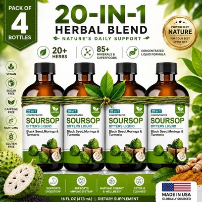 Soursop Bitters Liquid 20-in-1 Herbal Formula | Sugar Free | 16 oz (Pack of 4)