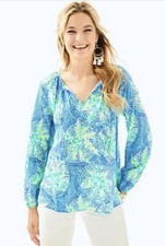 Lilly Pulitzer Medium Willa Blue Long Sleeve Tunic Top Shirt Blouse Tropic