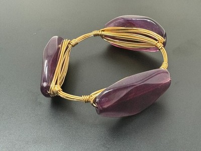 HANDMADE Wire Wrap Bracelet Womens Purple Stone Gold Tone Cuff Artisan 2.5in