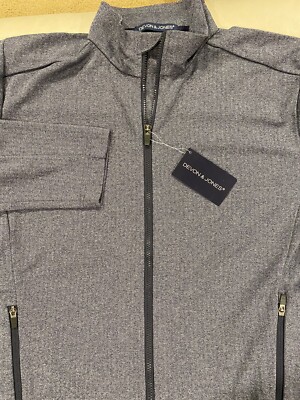 Devon & Jones Men s Full Zip Jacket Blue Herringbone Design SZ L 100% Poly NWT