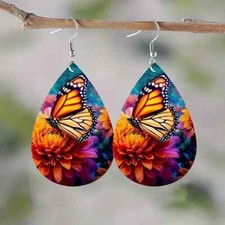 1 Pair Colorful Butterfly Water Drop Dangle Earrings Faux Leather