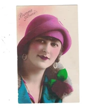 SD1333  ROARING TWENTIES MODEL  HEAVY COL. FELT HAT, DIAMOND EARRINGS RPPC