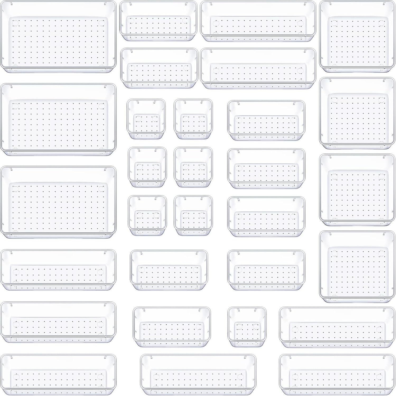 WOWBOX 30 PCS Clear Plastic Drawer Organizer Set, 5 Sizes Desk