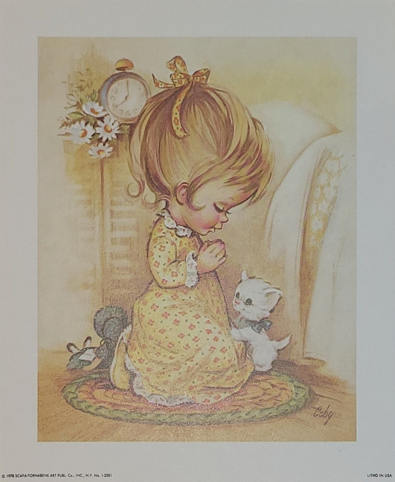Vintage Girl Praying, W Kitten; Scafa Tornabene Lithograph Print 5