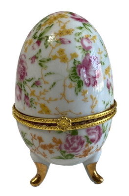 Vintage LILY CREEK Floral Ceramic Hinged Footed Egg Trinket Box 24K Gold Trim