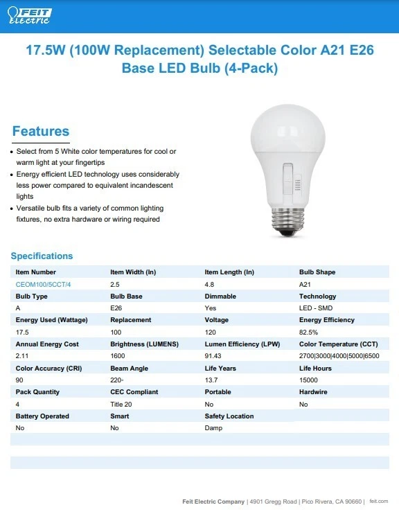 FEIT ELECTRIC 100W Dimmable Bulb Selectable Color A21 E26 Base LED Bulb (4-Pack) - Image 3 of 4