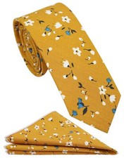 Cotton Skinny Floral Tie and Pocket Square Set for Men Marigold