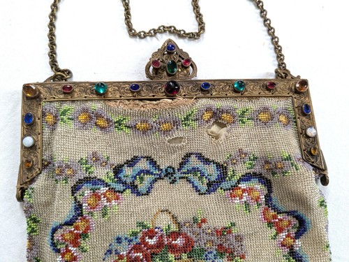 Antiguo Bolso Eduardiano Micro Cuentas Cartera Floral Marco/Cierre Forro de Seda con Joyas - Imagen 2 de 7