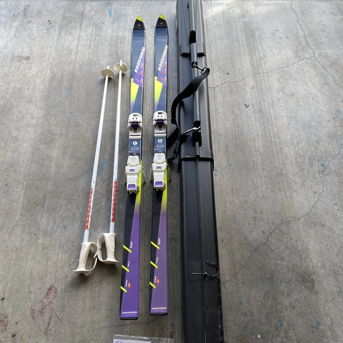 Rossignol Vintage DV6 Ski Set Purple M38 Twincam Bindings Poles Sportube Case