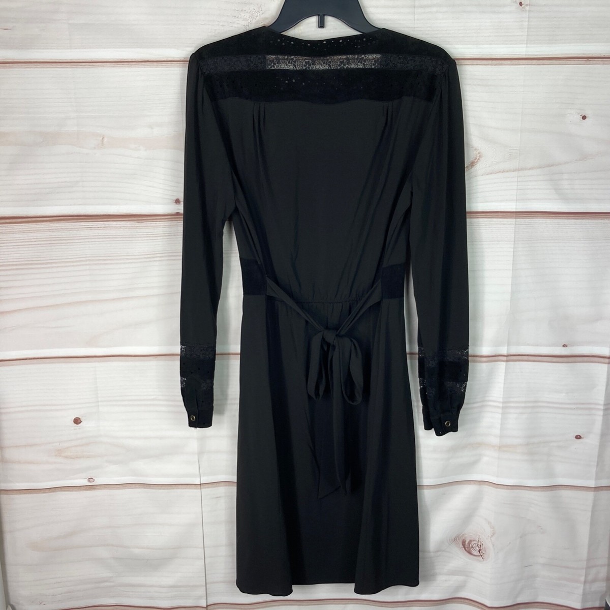 BCBGMaxazria Dress Womens L Black Leather Trim Shift V-Neck