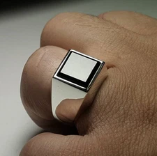 Mens Black Onyx Signet Ring Sterling Silver Statement Square Stone Bold Men Ring