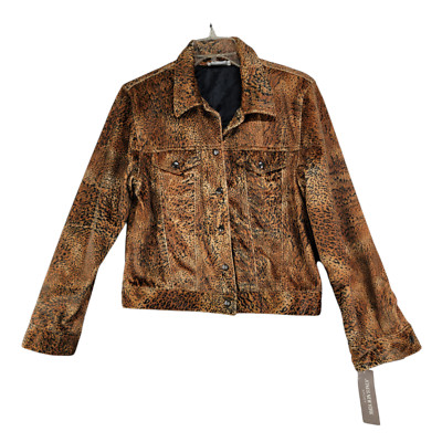 Jones New York Womens Brown Animal Print Button Up Jacket Faux Fur Size 8 NWT