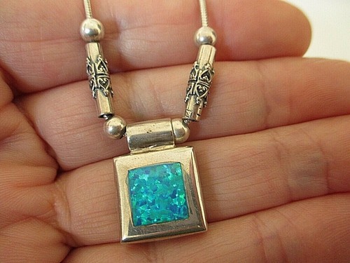 ANTIQUE HANDMADE .925 SILVER BLUE OPAL, PENDANT WITH ORIGINAL CHAIN 20' #87 - Bild 3 von 9