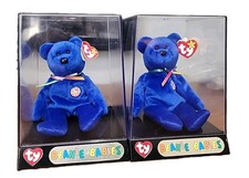 Ty Beanie Baby Clubby Blue Teddy Bears. 2 Different Hang Tags In Display Case