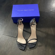 Stuart Weitzman Amelina Sparkle Black Glitter 95 Nudist Sandal Heels Womens 11