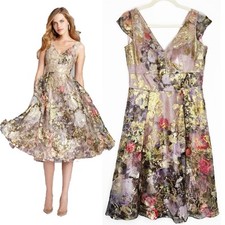 Rickie Freeman Teri Jon Gold Floral Pleated Fit and Flare Midi Cocktail Dress 8