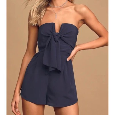 Lulus Inez Navy Blue Strapless Tie Front Bow Romper XS  Sweetheart Notched