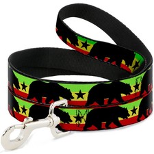 Dog Leash 6-FEET Cali Bear/Star Silhouette Rasta/Black NARROW 0.5"