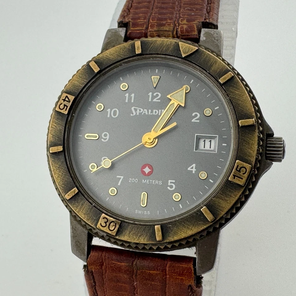 Reloj de buceo de cuarzo suizo Spalding para hombre 200 m doble tono bisel giratorio batería nueva Foto 2 de 4