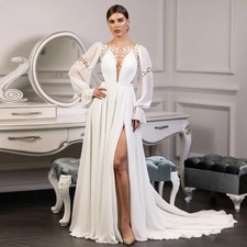 Summer Beach Wedding Dresses Puff Sleeves Sheer Scoop Neck Applique Chiffon
