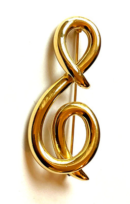 Große Vintage SONNENSCHLÜSSEL BROSCHE Musik Gold stilisiert   6,8cm!
