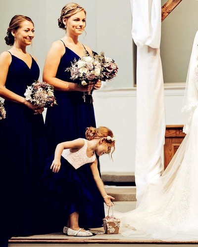 Girl Peony Lace Back A-Line Tiered Tutu Tulle Flower Girl Dress (Navy Sleevel... - Picture 5 of 7