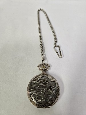 Vtg Jean Paul Japan Quartz Embossed Silverplated Railroad Quartz Pocket Watch...
