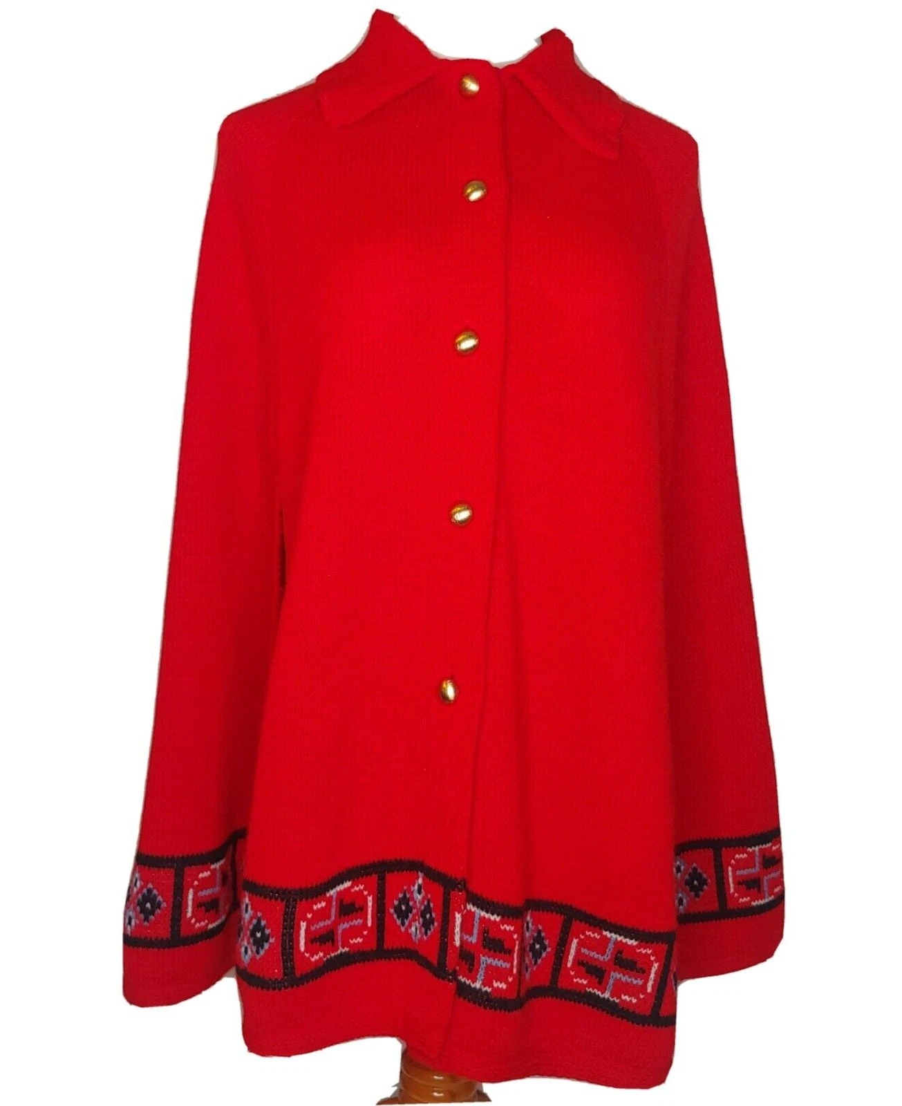 Vintage Sweater Shawl Women Large XL Red Gold Button Up Cape Poncho