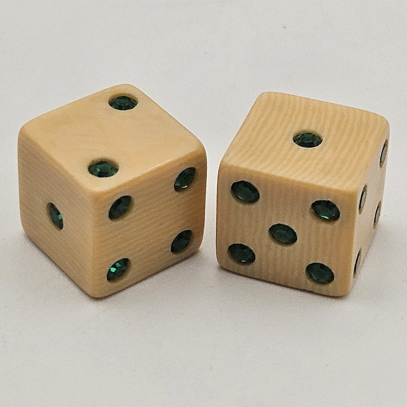 Vintage French Ivory Celluloid Dice Pair With Green "Jeweled" Pips. 
