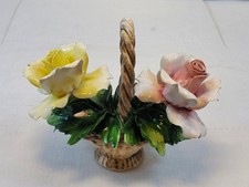Capodimonte Porcelain Roses Flower Bouquet Vintage Made In Italy 6" Basket