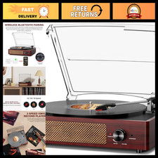 Vintage Vinyl Record Player with Bluetooth, 3-Speed Turntable  Stereo Speakers,