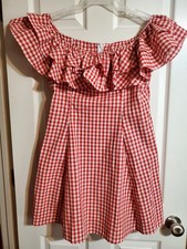 Red & white gingham print ruffle-trim off-the-shoulder mini dress by Shein. NEW