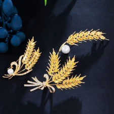 Yellow Gold Plated CZ Enamel Wheat Pearl Brooch Pin for Lover Brides Jewelry