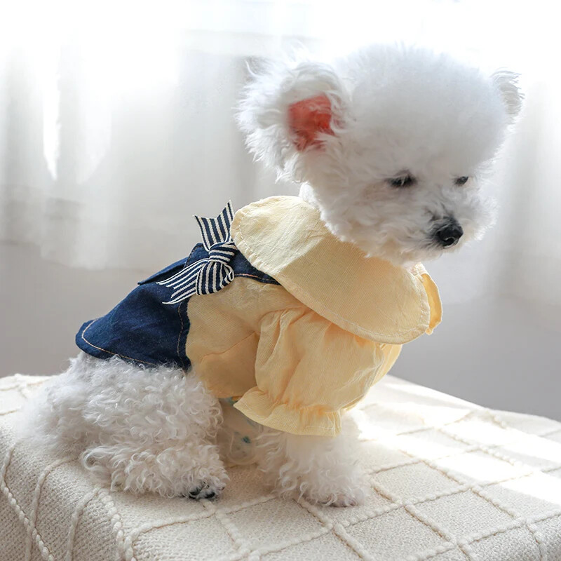 Pet Dog Cat Spring Summer Apparel Apparel Yellow Denim Bow Strap