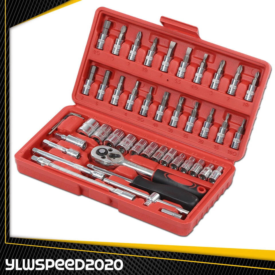 1/4" Ratchet Wrench Combination Socket Tool Set Kit Auto Car Repair Tool 46PCS - Image 2 of 4
