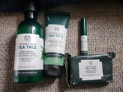 THE BODY SHOP Tea Tree Purifying Bar Soap HTF, TONER, Squeaky Scrub targeted gel