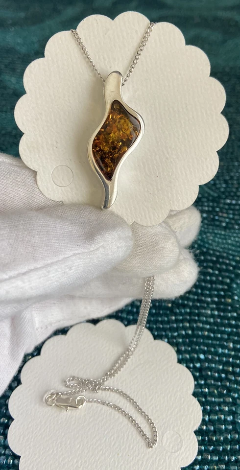 "Collar colgante hoja ámbar báltico plata de ley 925 color coñac 18"" L" Foto 3 de 4
