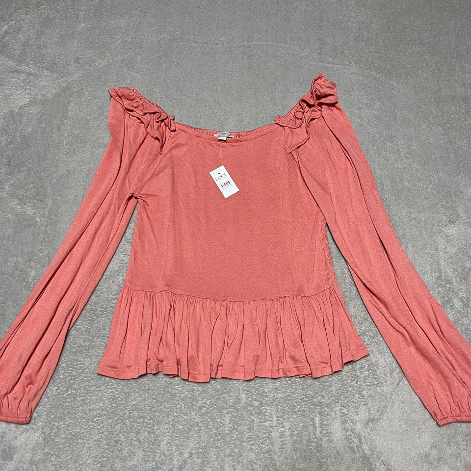Loft Top Womens Medium Coral Ruffle Peplum Long Sleeve Blouse eBay