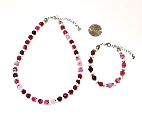 Natural Stone Agate Round Bead Necklace and Matching Bracelet With Bone Accents - Picture 7 of 8
