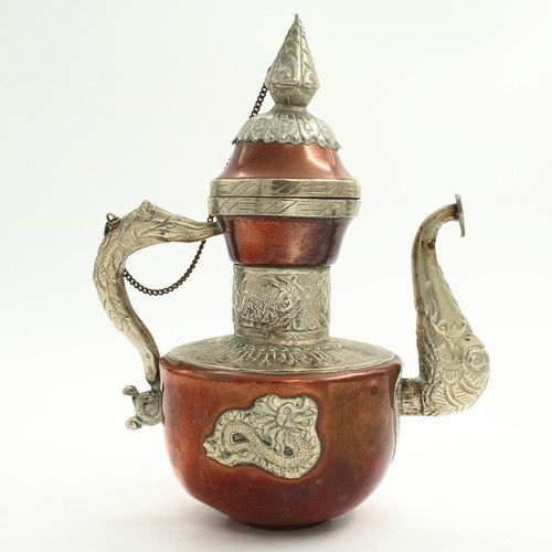 Tibetan Teapot in Copper and White Metal with Dragon Motifs - Picture 5 of 24