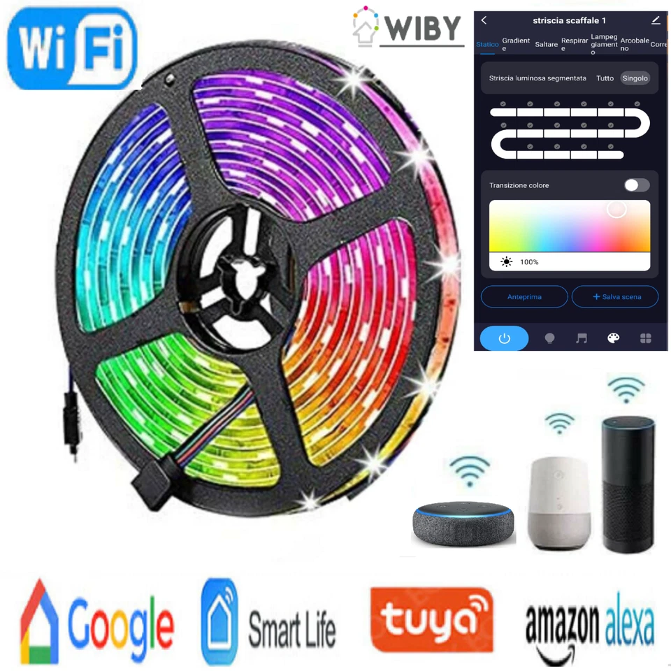 Striscia LED + Controller WIFI Smart Life Tuya WIBY 5M RGB 24 Watt Alexa Google - Immagine 2 di 4
