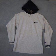Vintage Champion Shirt Mens Medium Gray Blue Hoodie Henley Long Sleeve USA Made